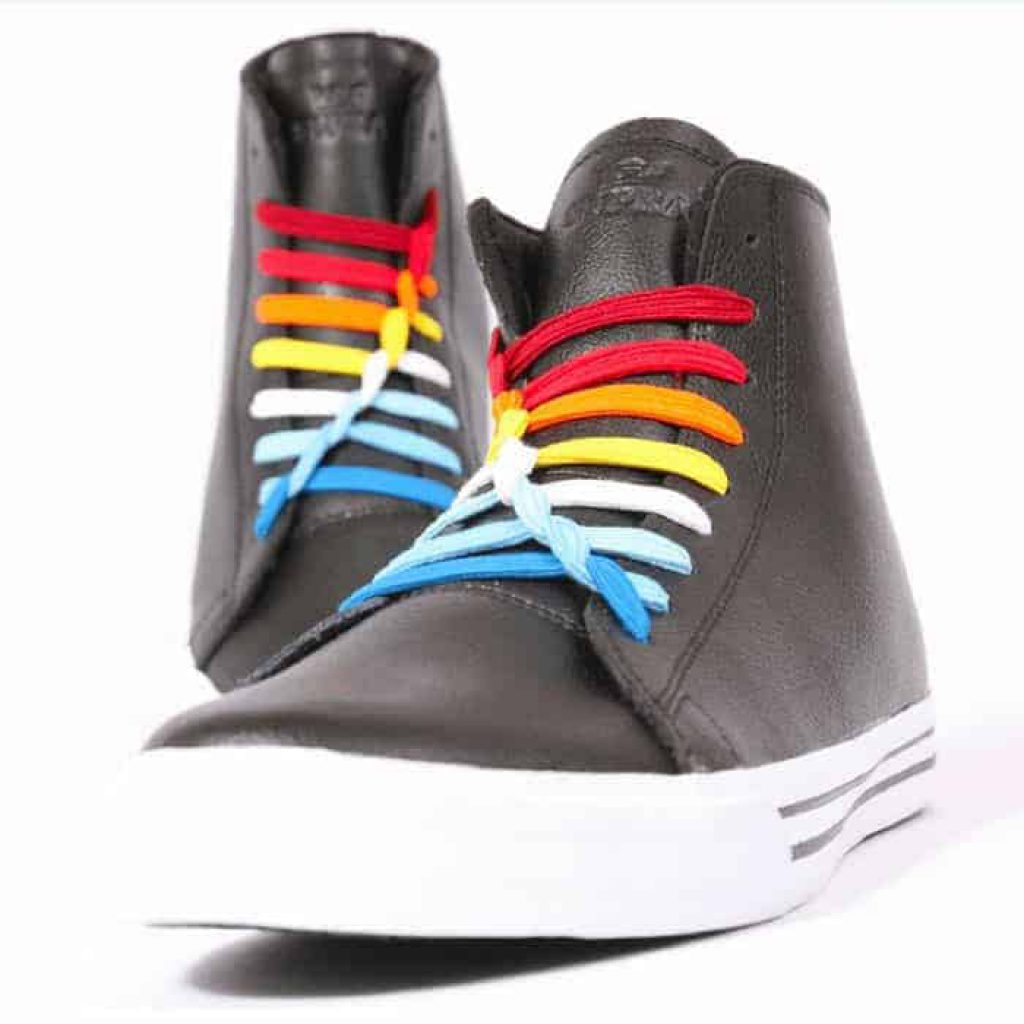 Black hight top sneakers with colorful laces